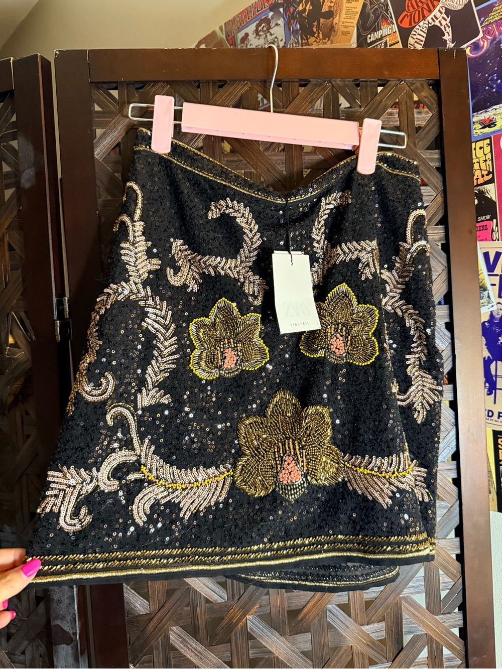 Zara Black Sequin A-Line Skirt with Gold Floral Embroidery